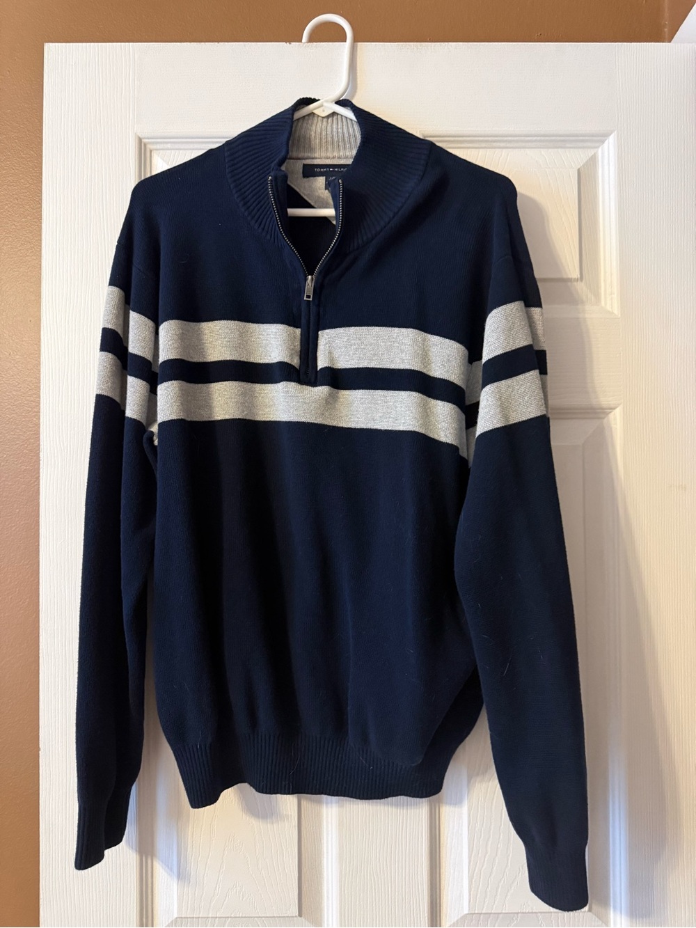 Tommy Bahama Men's Navy Quarter-Zip Sweater with Gray Stripes